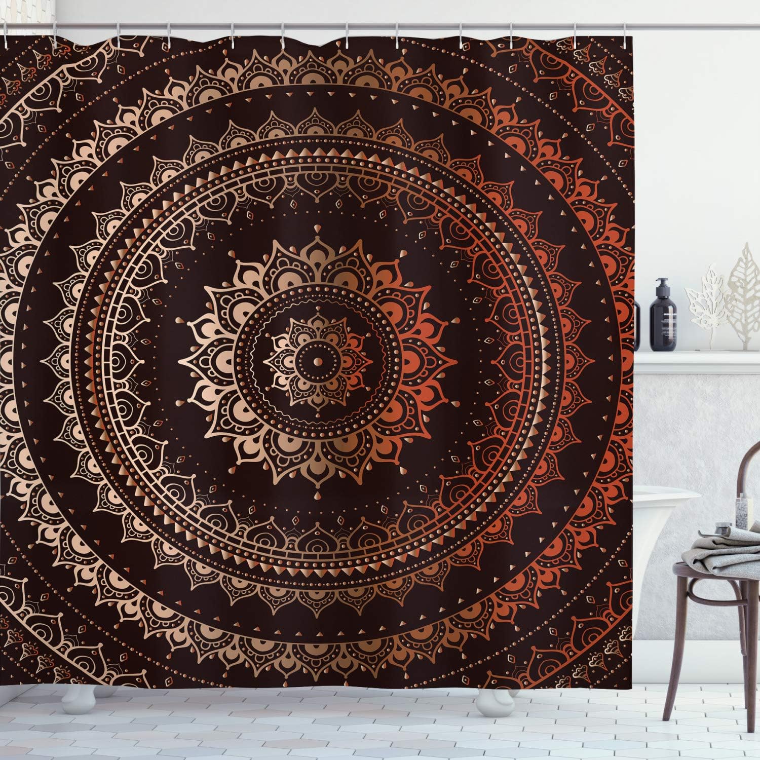 Ambesonne Mandala Shower Curtain, Enclosing Magic Circle Egyptian Folkloric Culture Pattern Illustration, Cloth Fabric Bathroom Decor Set with Hooks, 69" W x 84" L, Dark Brown and Orange