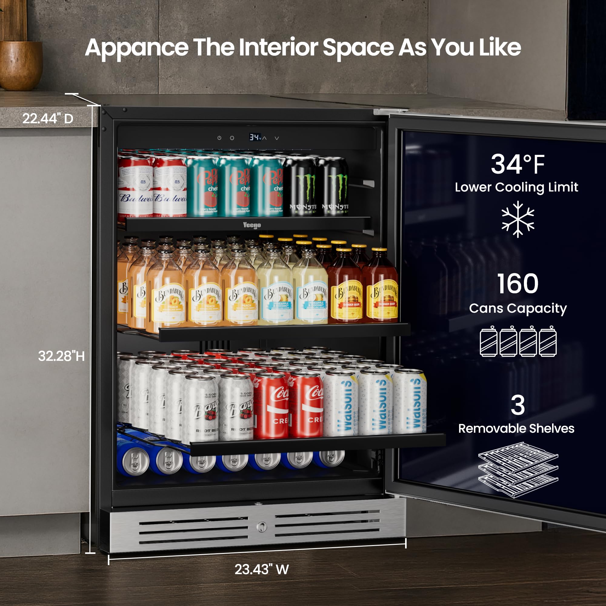 YEEGO 24 Inch Beverage Refrigerator, 160-Can Beverage Cooler With Lock & Auto Defrost, Stainless Steel Indoor & Covered Outdoor Beverage Fridge, Freestanding Or Under Counter For Beer, Soda & Wine on Fridge.com - View 3