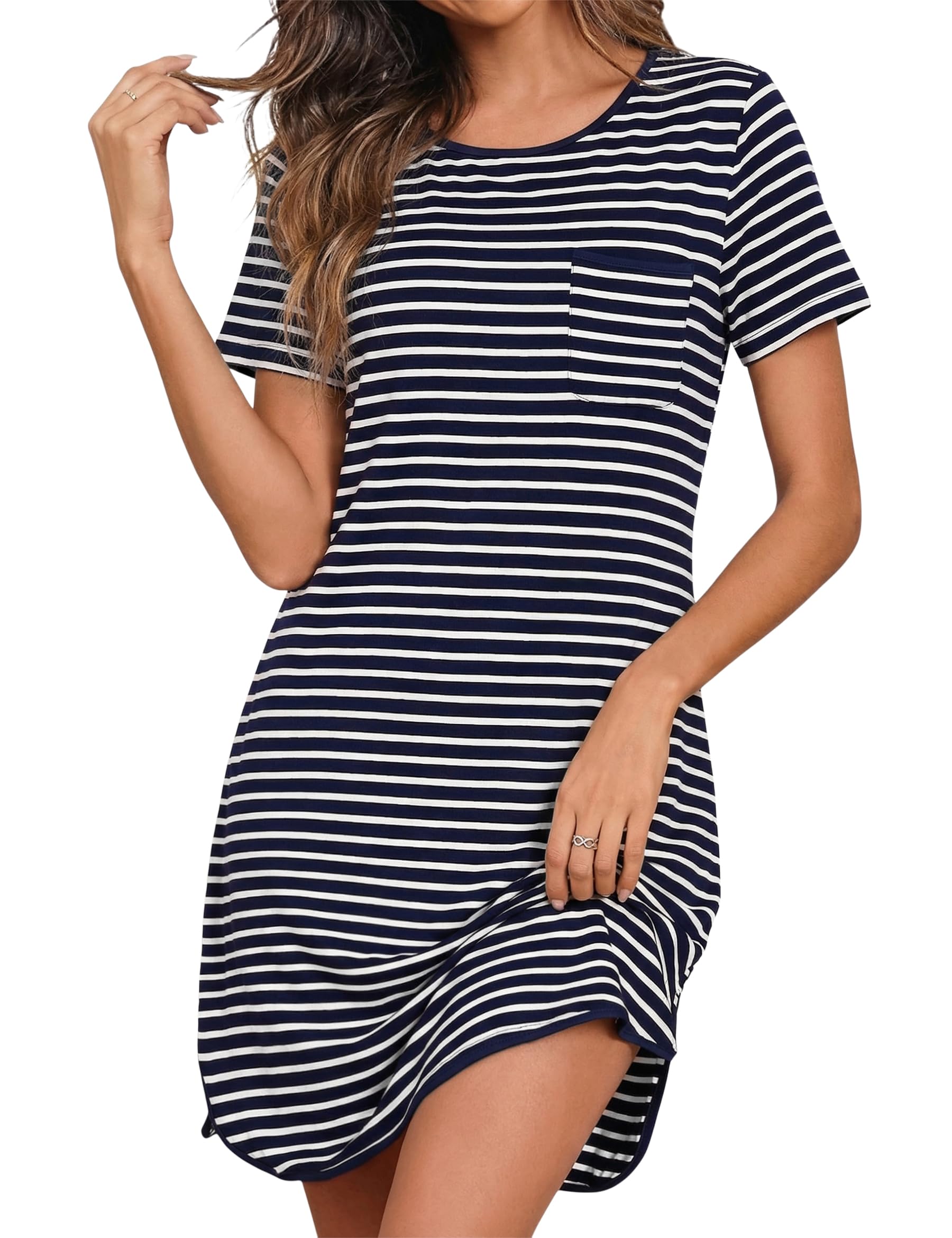 Demegimi Nachthemd Damen Kurzarm Schlafshirt Baumwolle Sommer Nachtwäsche Rundhals Streifen Schlafhemd S-XXL