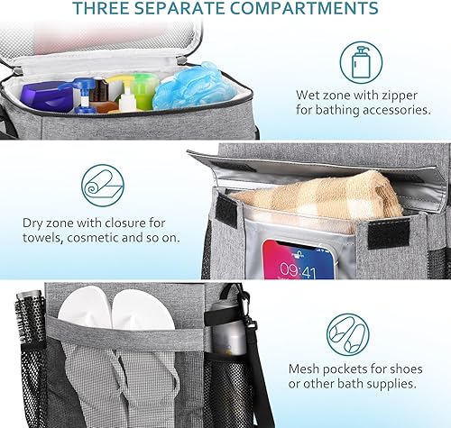 Miniatura 3 de Bolsa de ducha portátil, grande de malla de secado rápido, organizador de ducha colgante con compartimento para zapatos húmedos y secos, para