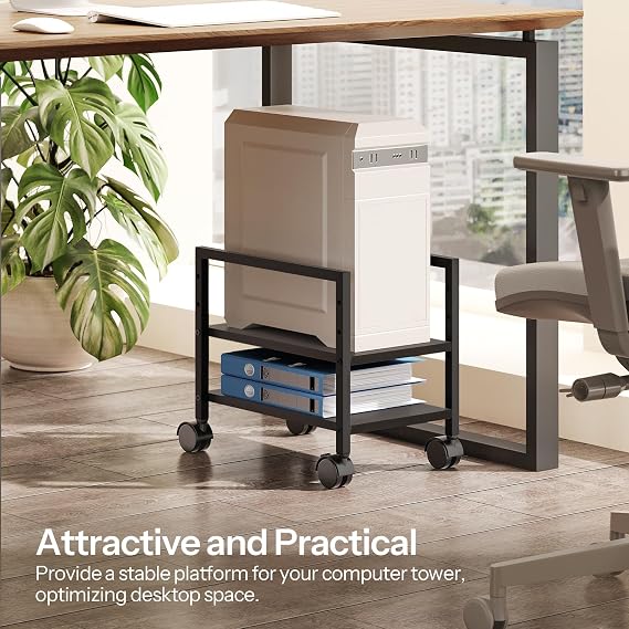 HOOBRO Computer Tower Stand, 2-Tier Computer Tower Cart, Printer Table, PC Stand Under Desk, Mobile Rolling Cart with Wheels, Height Adjustable, for Home Office, Black EBB11CJ01