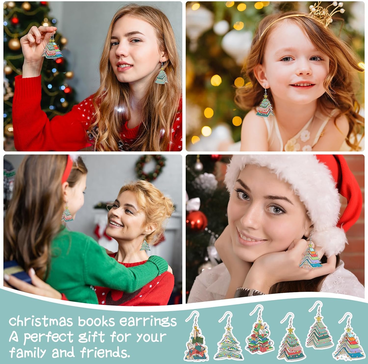 Quelay 6 Pairs Christmas Books Earrings Bulk as Teacher Gifts Cute Book Earrings as Lovers Gifts Stack Christmas trees Double Sided Acrylic Party Jewelry - Image 7