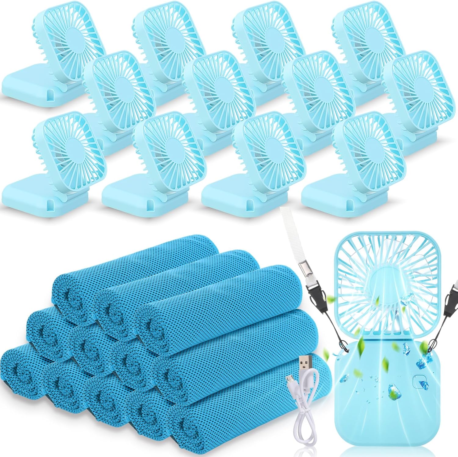 Hortsun 12 Personal Necklace Fan 12 Cooling Towels USB Rechargeable Battery 3 Speed Handheld Fan Portable Neck Hanging Fans Cooling Rags Bulk for Yoga, Sport, Camping, Fitness(Blue)