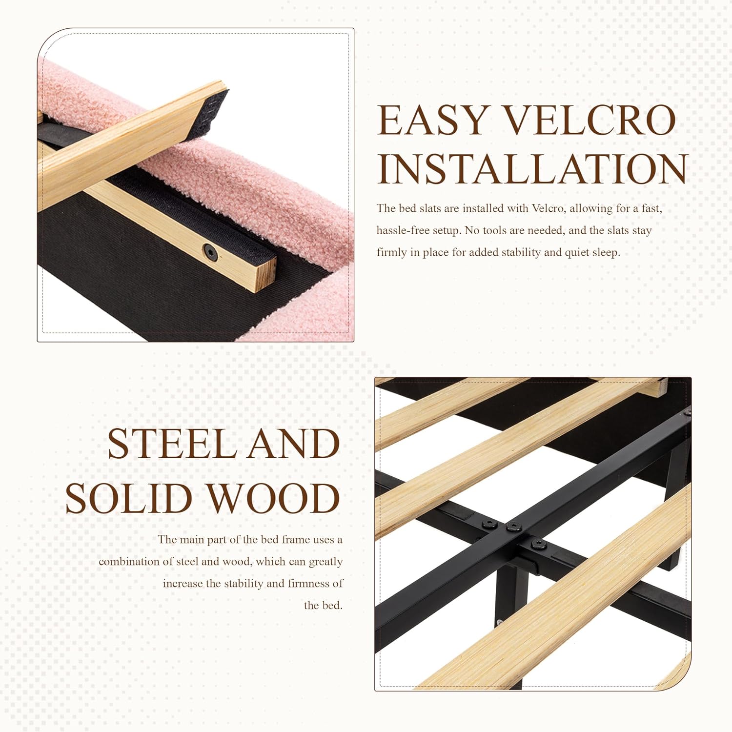 Close-up of Velcro slat installation and steel and wood frame construction
