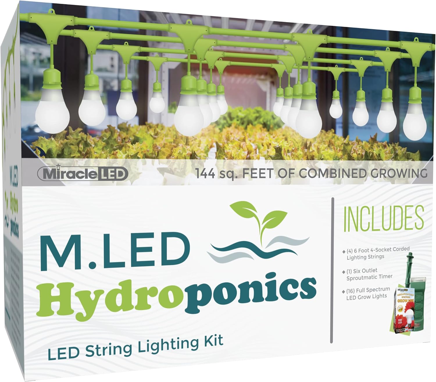 Miracle LED Hydroponics LED Indoor Grow Light Kit - Includes 4 Absolute Daylight Full Spectrum 100W Replacement Grow Light Bulbs & 1 4-Socket Corded Fixture with SproutMatic Grow Light Timer (4-Pack)