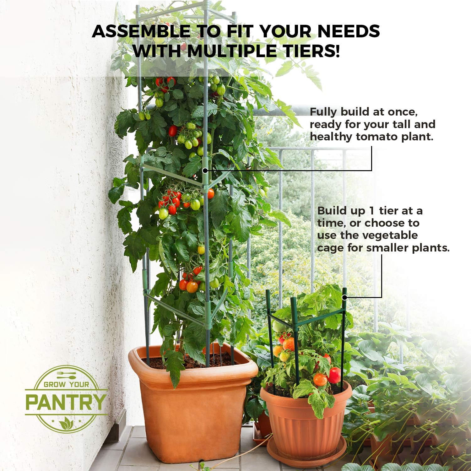 Grow Your Pantry Tomato Cage - 3-Pack 5 Ft Tomato Plant Support That Can Hold Up to 10KG of Tomato Plant and Other Climbing Plants - with Tomato Clips and Plant Wire Support - Tomato Cages for Garden