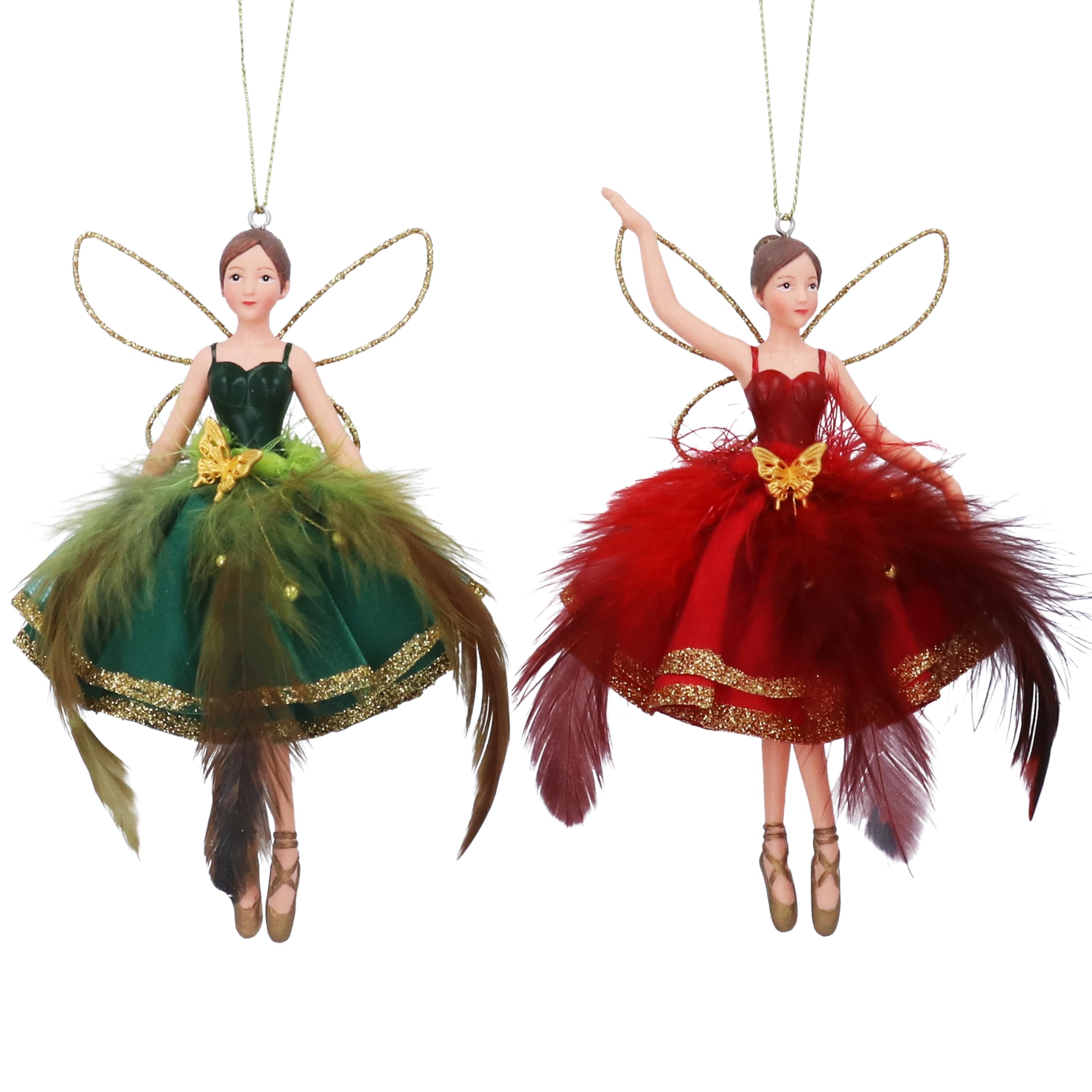 Gisela Graham Red And Gold Fairy Christmas Decorations, Set Of 2, Red And Green Feather Skirts