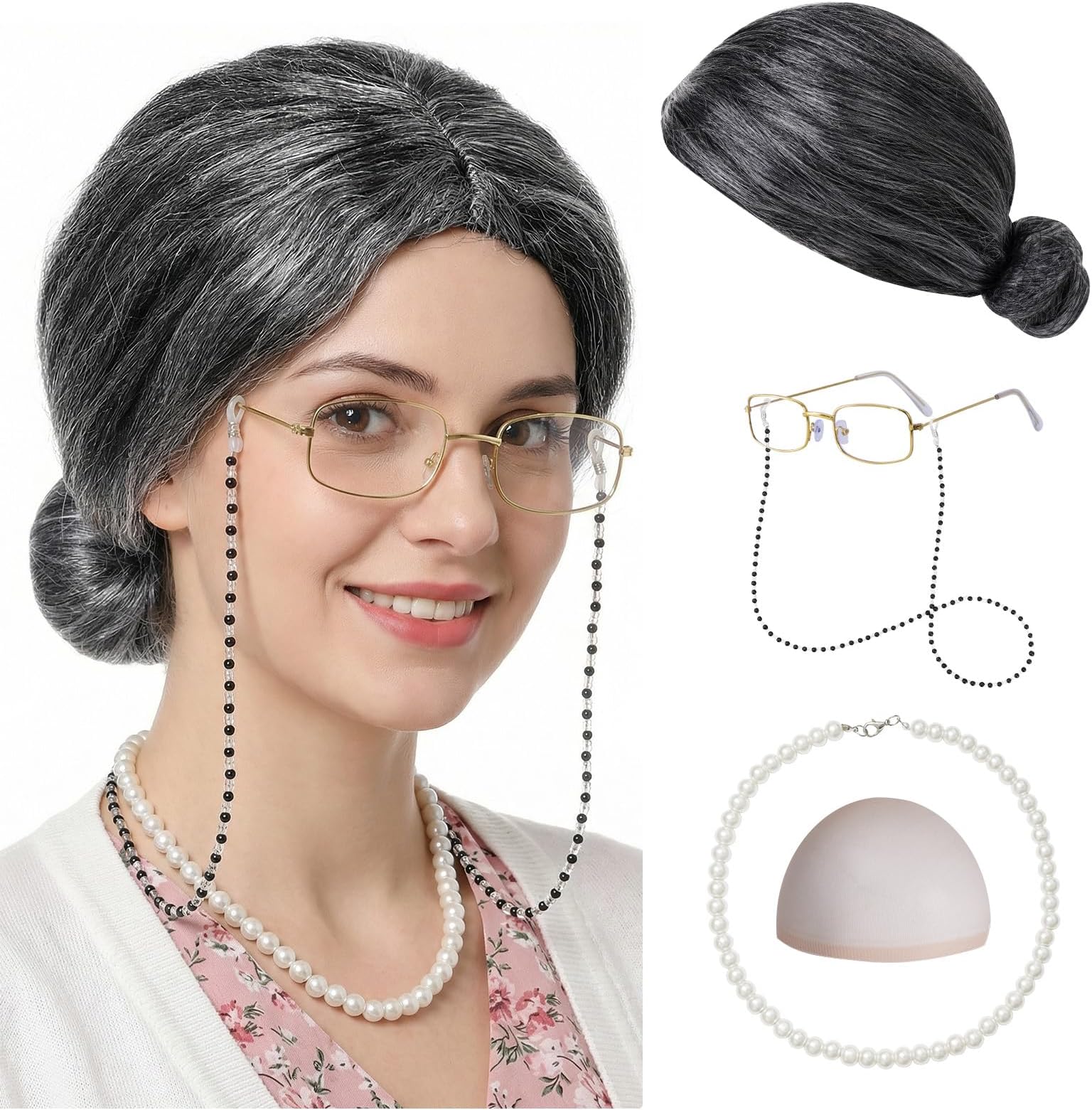 Old Lady Costume Set Granma Wig Granny Glasses Eyeglass Chains Faux Pearl Bead Necklace for Halloween Party Cosplay
