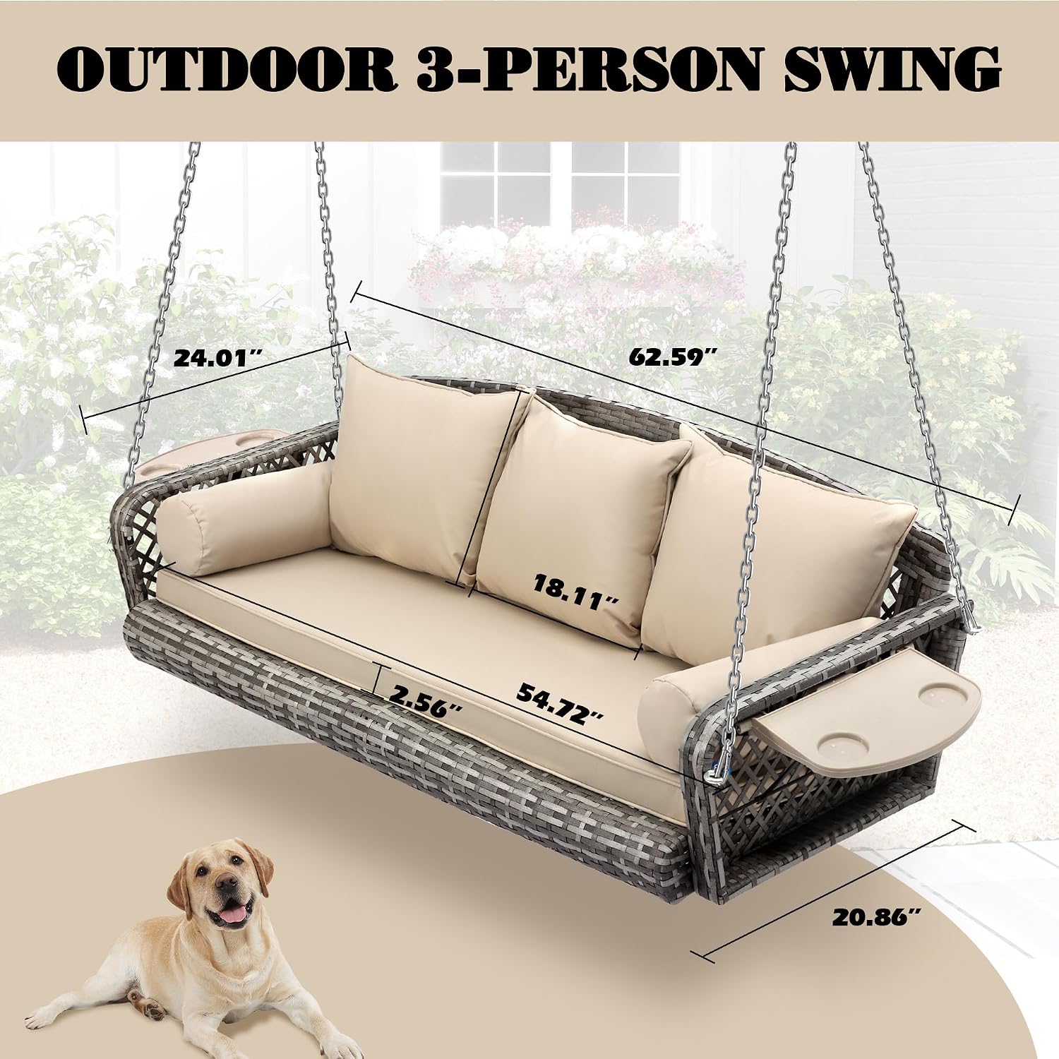 3-Person Hanging Porch Swing, Outdoor Wicker Hanging Swing Chair, 76inch Wicker Hanging Porch Swing Bench with Cushion and Adjustable Chain for Patio Backyard Poolside Garden (Khaki), Large