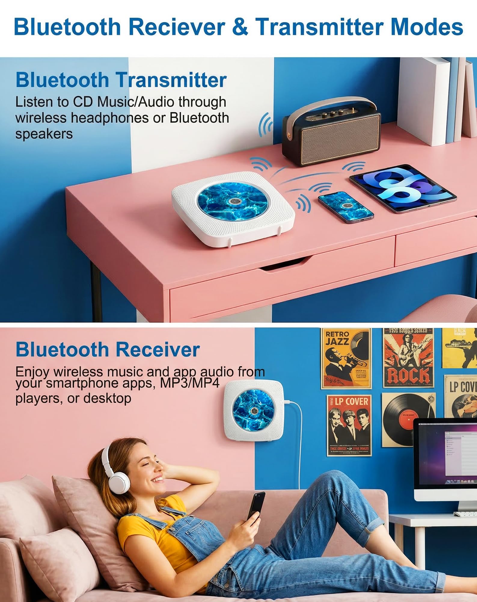 Lecteur CD Portable Bluetooth avec Radio, Haut-Parleur intégré, Prise en Charge USB et AUX, télécommande et Housse de Protection, Blanc