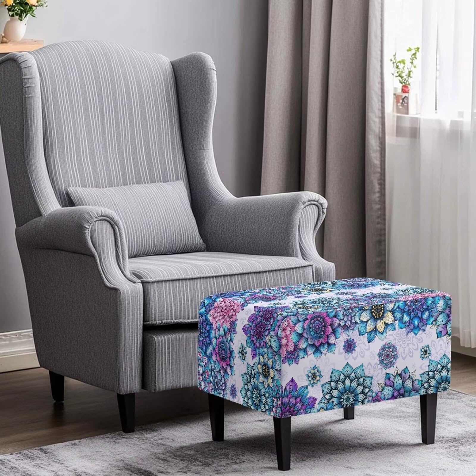 Cadowhimsy Purple Bohemian Flower Print Ottoman Covers Non-Slip Rectangle Storage Stool Cover Stretch Fabric Slipcovers for Footstool Footrest Protector with Elastic Band, L