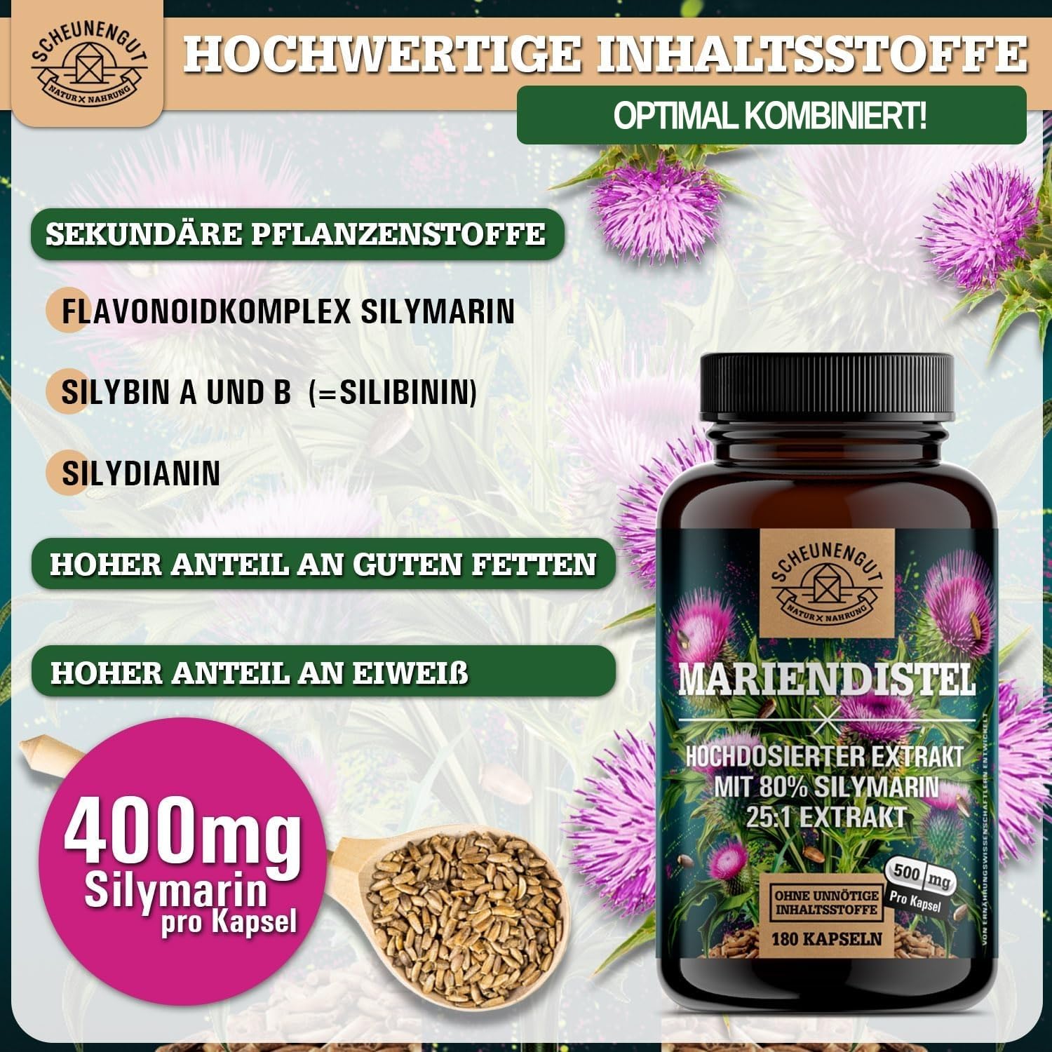 Mariendistel Kapseln 1500mg -WICHTIG: 25:1 Extrakt (=37500mg reines Mariendistel pro Tagesdosis) +80% Silymarin -Silymarin Hochdosiert- Laborgeprüft und Vegan DE SCHEUNENGUT®