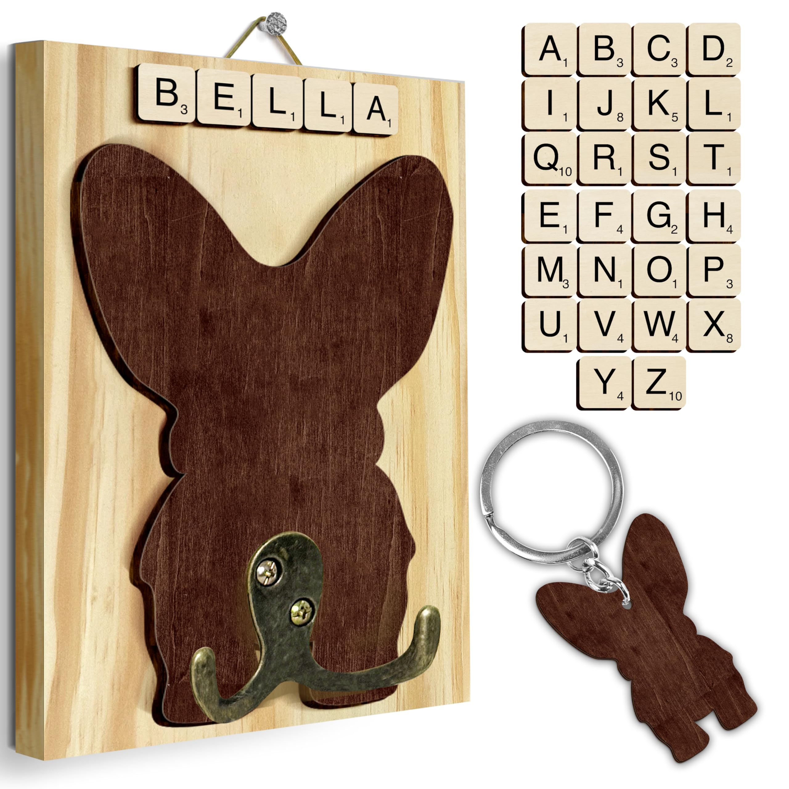 Corgi Dog Leash Holder Wall Mount with Scrabble Letters, Wooden Dog Wall Hook Organizer, Pet Collar and Harness Holder, Entryway Key Hook and Leash Rack, Pet Lovers Gift Decor PF297-29