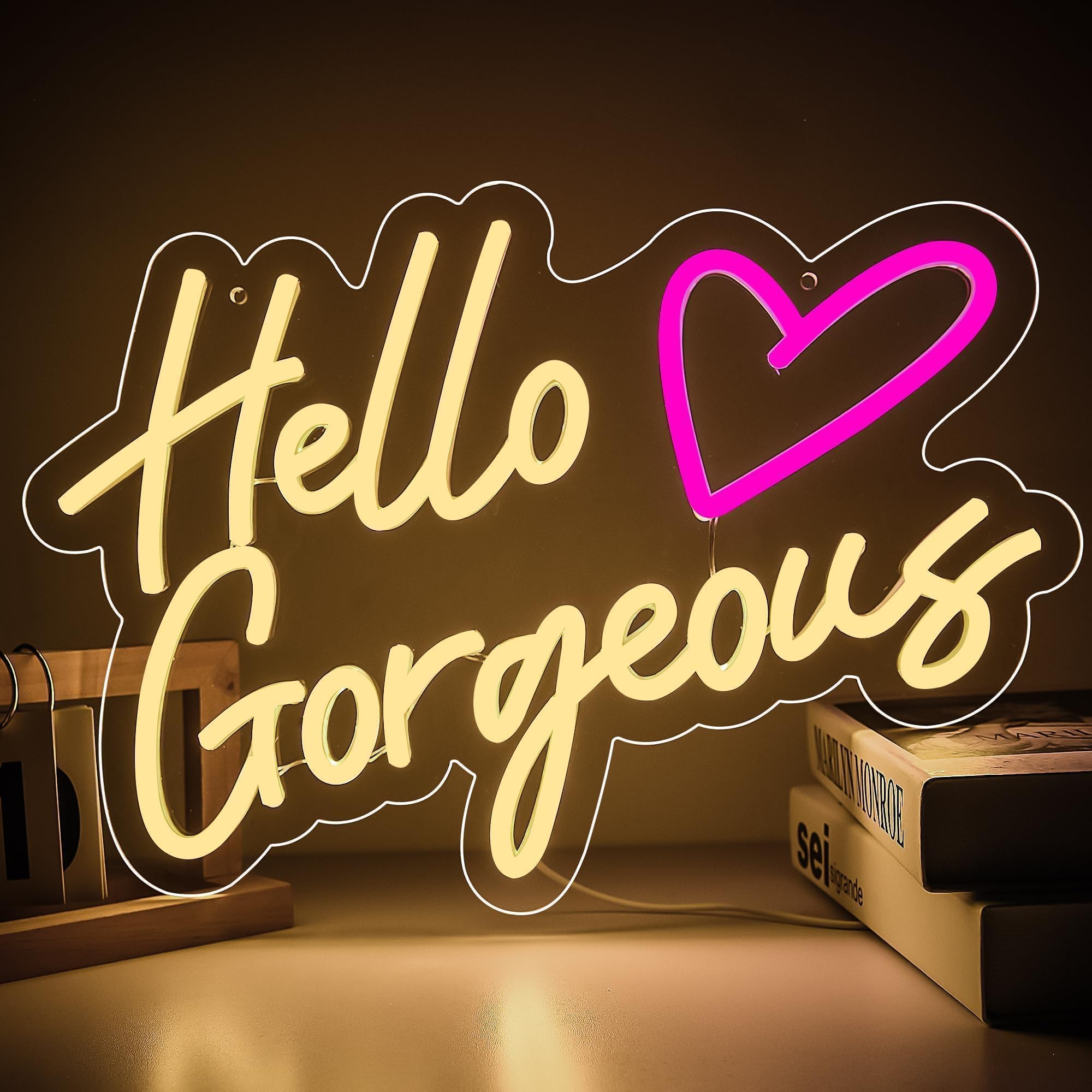 ATTNEON Yellow Hello Gorgeous Neon Signs,Gorgeous Led Neon for Girls Wall Decor, Girls Light Up Sign for Girl's Room,Valentines Day Decor for Girl