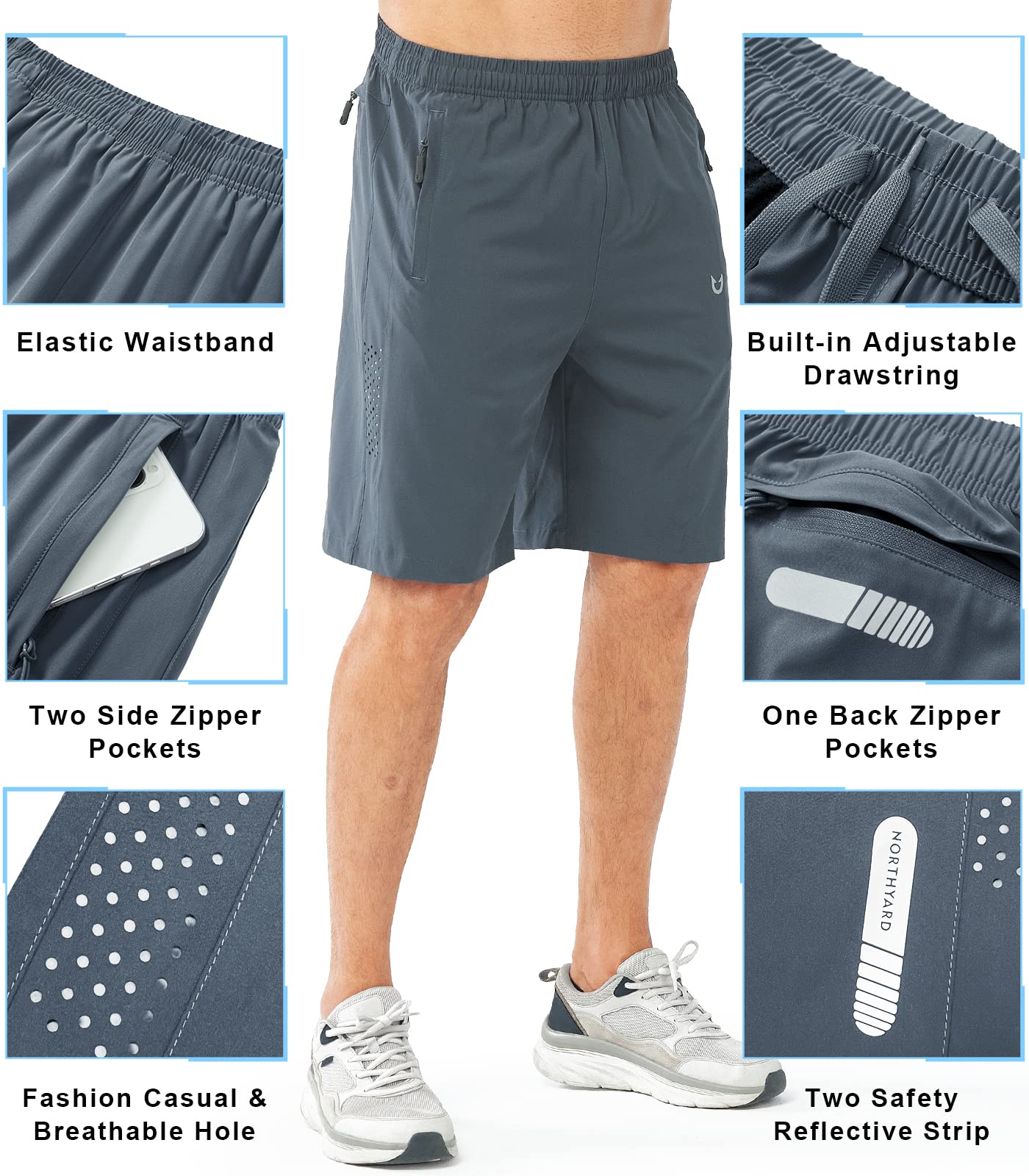 NORTHYARD Męskie sportowe spodenki do biegania szybkoschnące spodenki treningowe 17,8 cm/12,7 cm/23 cm lekkie sportowe spodenki do koszykówki na siłownię piesze wycieczki, Coolgrey, M