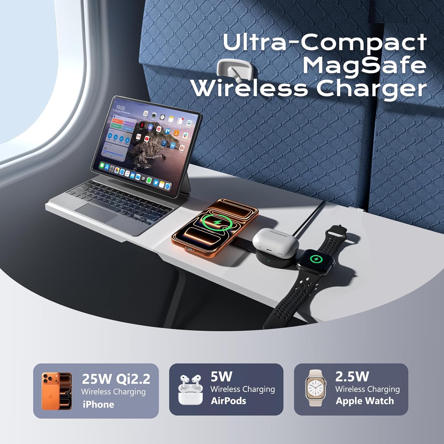 【2026 Upgraded】 Qi2.2 Certified 25W 3 in 1 Magnetic Wireless Charger, Foldable Travel MagSafe Fast Charging Station for iPhone 17/16/15/14/13/12 Series, Apple Watch, AirPods | 45W Adapter Included