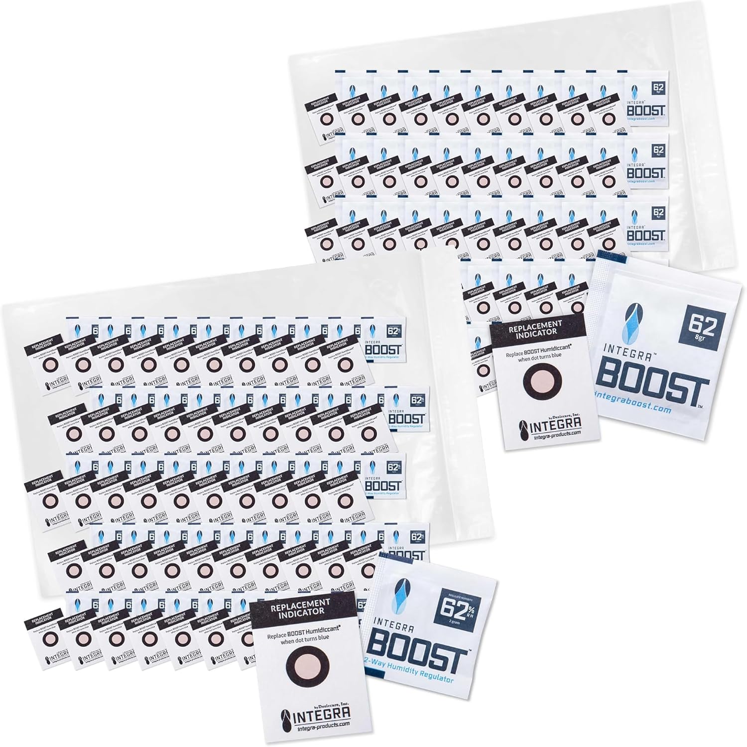 Integra Boost 2-Way Humidity Control Packs – 62% RH 2g (50 Pack) + 8g (50 Pack) | Humidity Packs with Replacement Indicator Cards - Moisture Absorber for Herbs, Spices and more