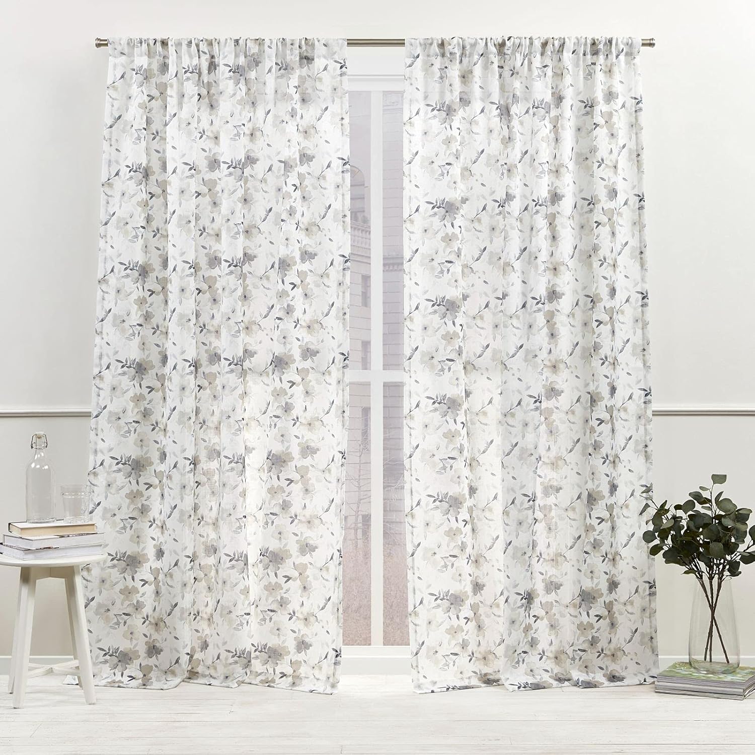 Nicole Miller New York Hattie Light Filtering, Semi Sheer Rod Pocket Curtain Panels, 54"x63", Grey, Set of 2