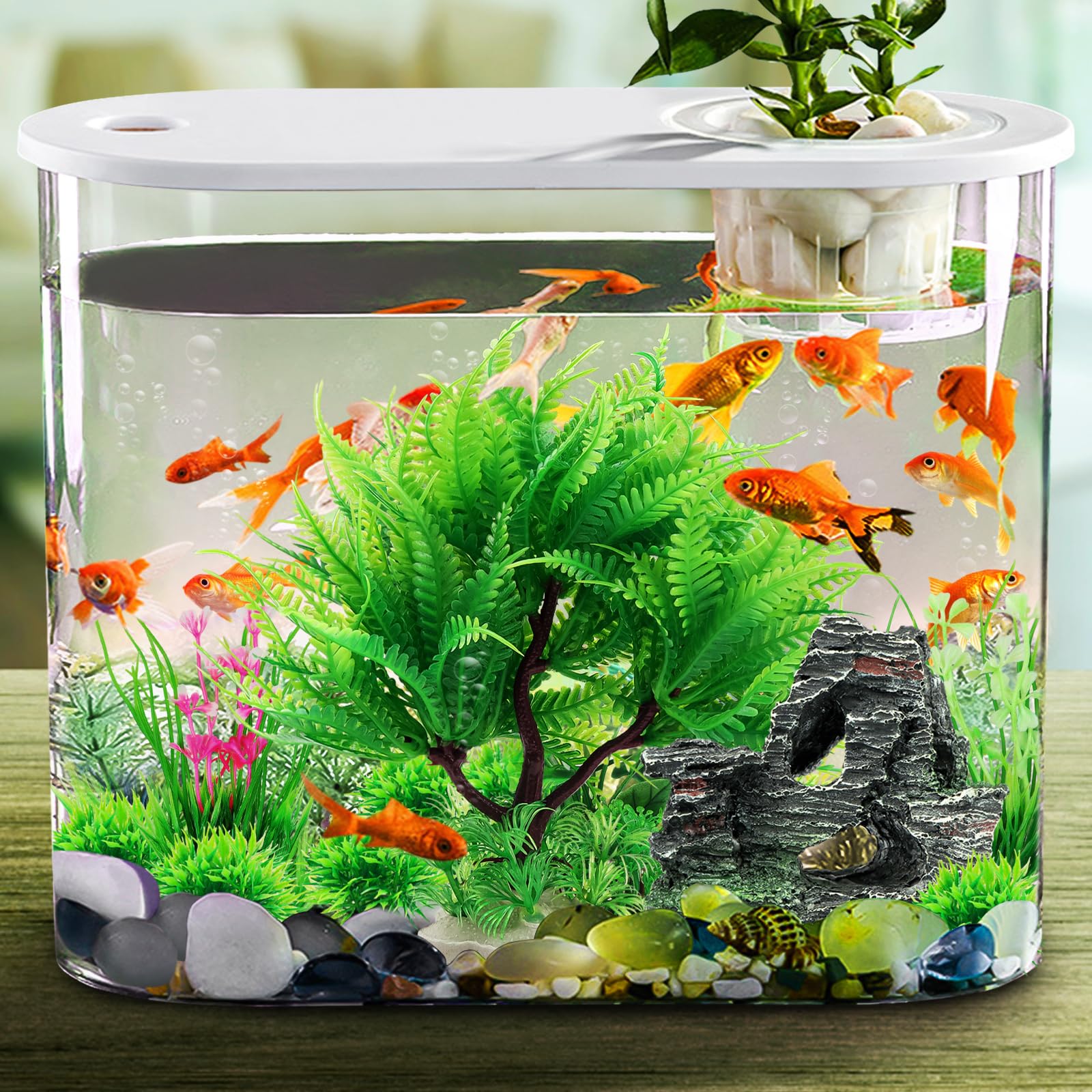 QUOZUO 9 Pièces Petit Taille Plantes d'aquarium Plastique Décoration et Rocher Polyrésine Grotte Ornement Decoration