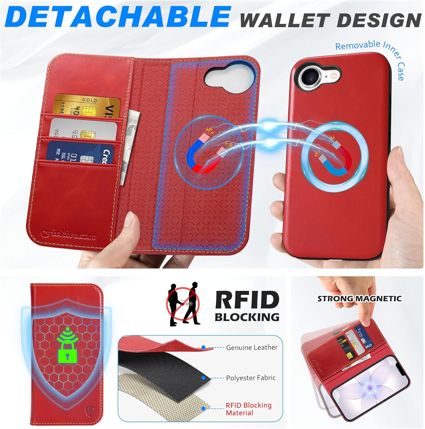 SHIELDON Wallet Case for iPhone 17e 2026, for iPhone 16e, Genuine Leather Detachable Book Flip RFID Blocking Card Slot Magnetic Shock Absorbing Wireless Charging Compatible with iPhone 16e - Retro Red
