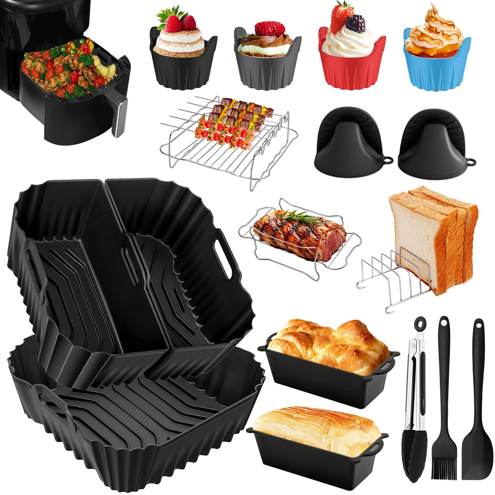 22 Pieces Silicone Mould Essential Accessories for Cecotec Oil-Free Air Fryer 6L Square Containers with Silicone Mini Oven Mitts Non-Stick Bread Mould