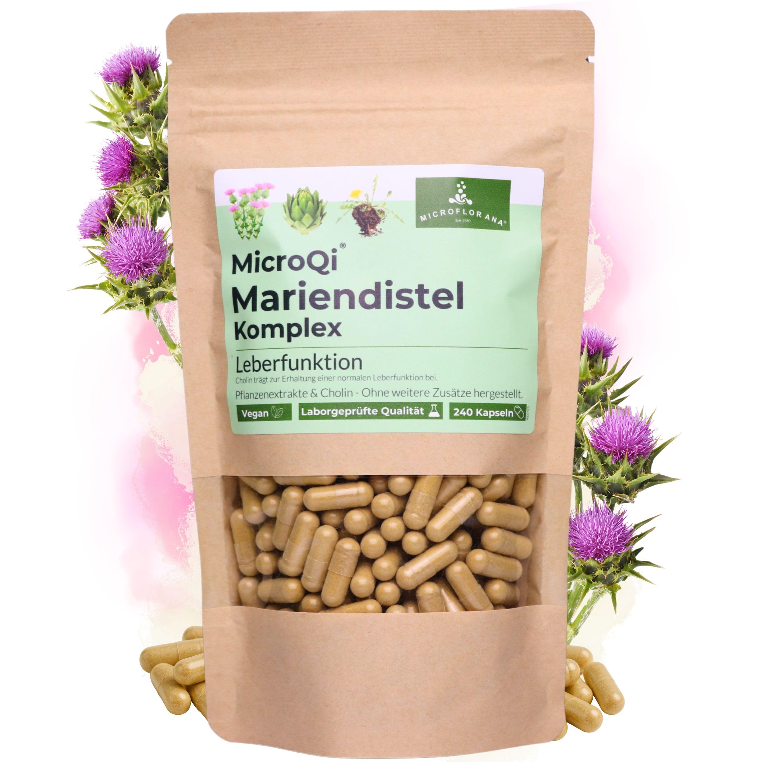 Mariendistel Kapseln hochdosiert - 240 vegane Kapseln zur Leberunterstützung - Frei von Zusätzen - Leber Komplex mit Artischockenextrakt, Löwenzahnwurzel und Cholin - Silymarin & Cynarin