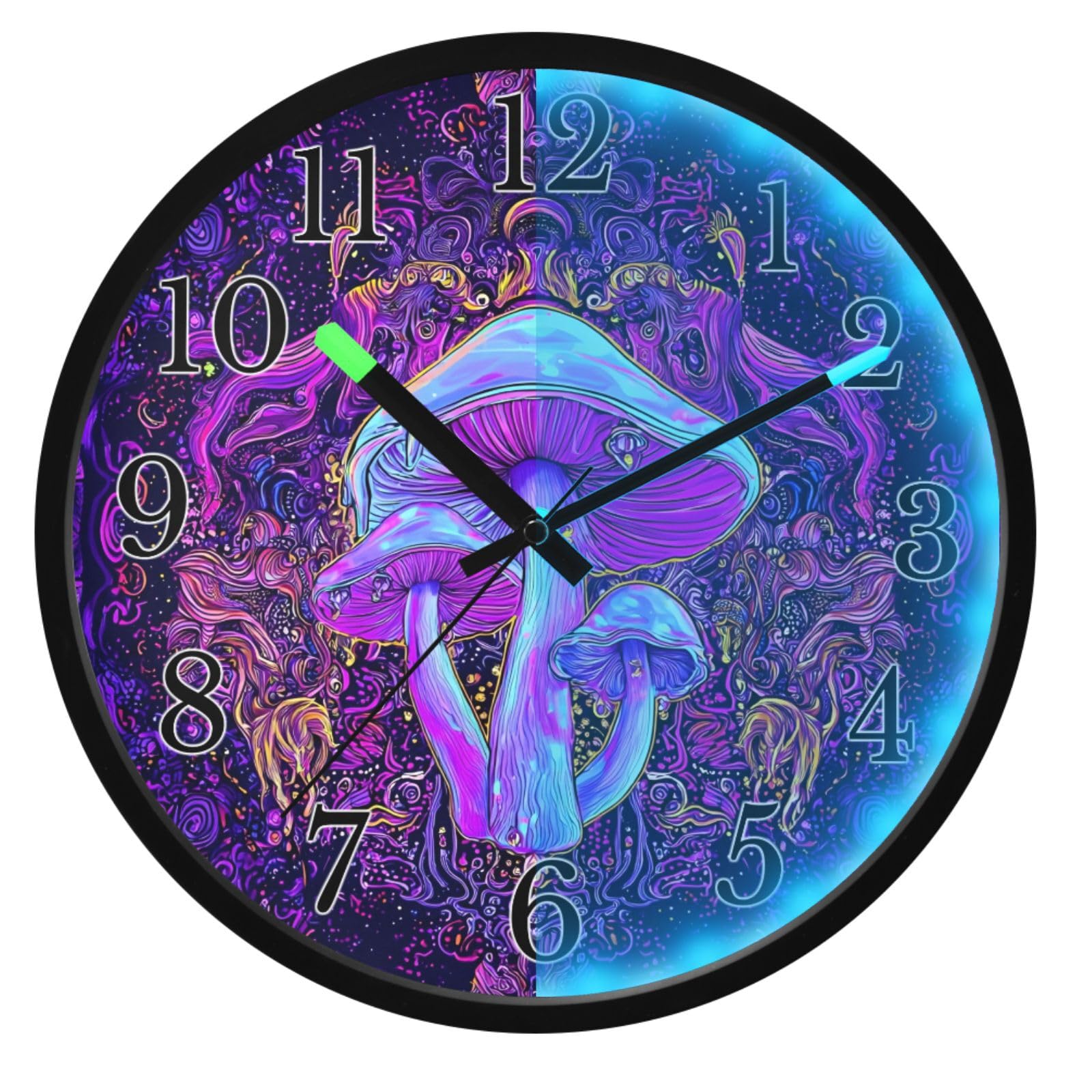 Mnsruu Reloj de pared luminoso, reloj de pared morado con forma de hongo, brilla en la oscuridad, funciona con pilas, 12 pulgadas, silencioso, sin tictac, luz nocturna para dormitorio