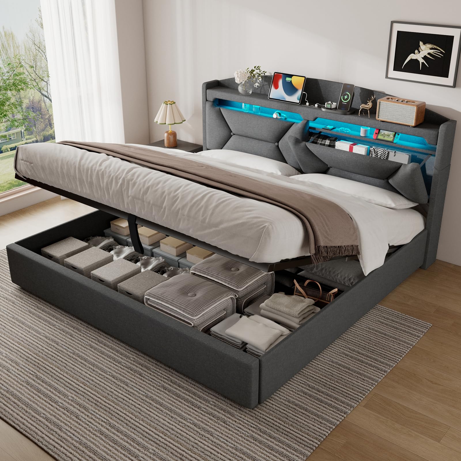 Polsterbett Doppelbett 180x200 cm mit LED, USB C, Hydraulische Bett mit Stauraum und Kopfteil, Stauraumbett Bettgestell mit Metallrahmen Bettkasten und Lattenrost, Leinen, Grau, Ohne Matratze