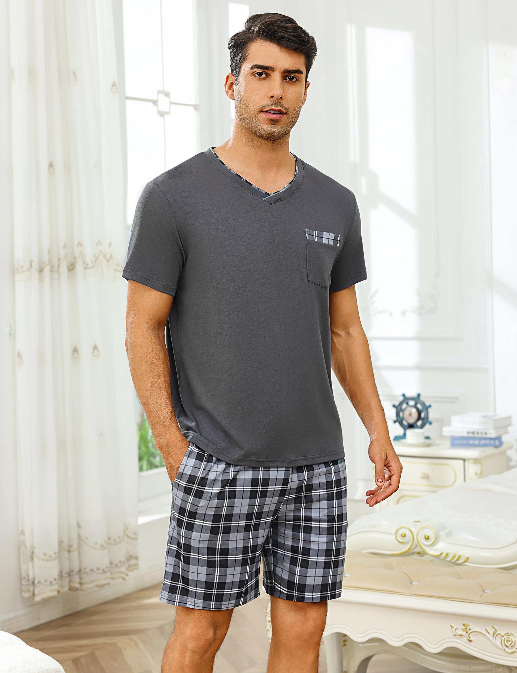 Pijamas de Verano Hombre 2 Piezas Corto Conjunto de Pijama a Cuadros con Cuello en V Cortos para Dormir con Bolsillos S-3XL