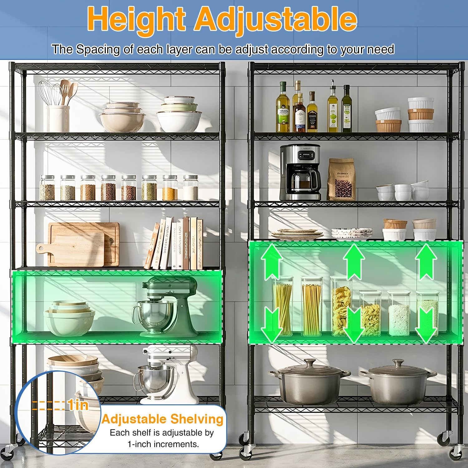 Storage Shelves 2100Lbs Capacity, 6-Shelf on Casters 45" L×18" W×82" H Commercial Wire Shelving Unit Adjustable Layer Metal Rack Strong Steel for Restaurant Garage Pantry Kitchen,Black
