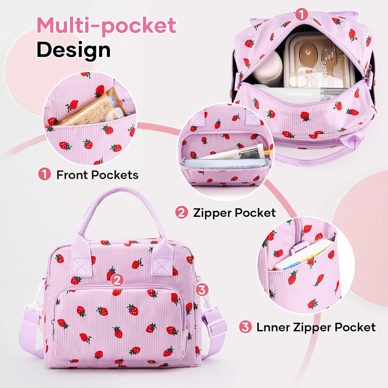 Cute Lunch Bag for Women, Corduroy Insulated Lunch Box for Work Lunch Tote Bag Women, Reusable Insulated Cooler Strawberry Lunch Box for Travel - Image 4