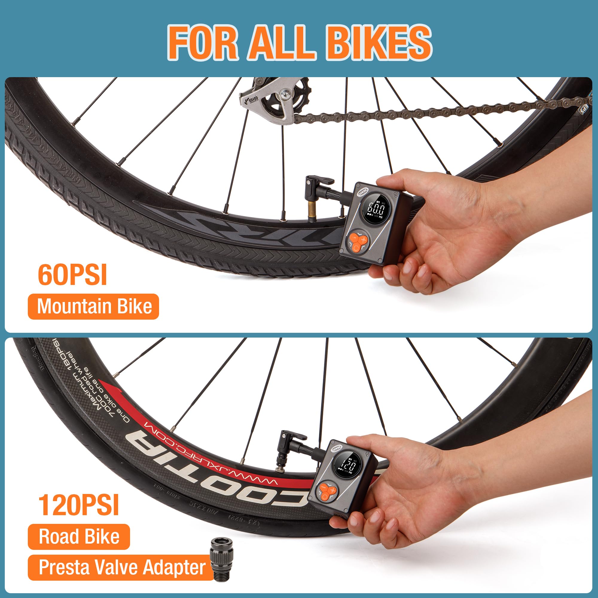 CXWXC Pompe à vélo électrique - Gonfleur de pneu 120 PSI avec manomètre numérique, arrêt automatique pour valves Presta et Schrader, convient pour vélos de route, VTT et vélos électriques