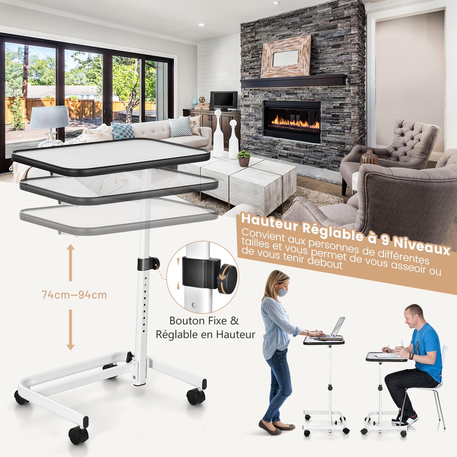 COSTWAY Table de Lit avec roulettes Verrouillables, Réglable en Hauteur, Rangement Pliable, Plateau Inclinable 180°, pour Lit Médicalisé, Charge 20kg