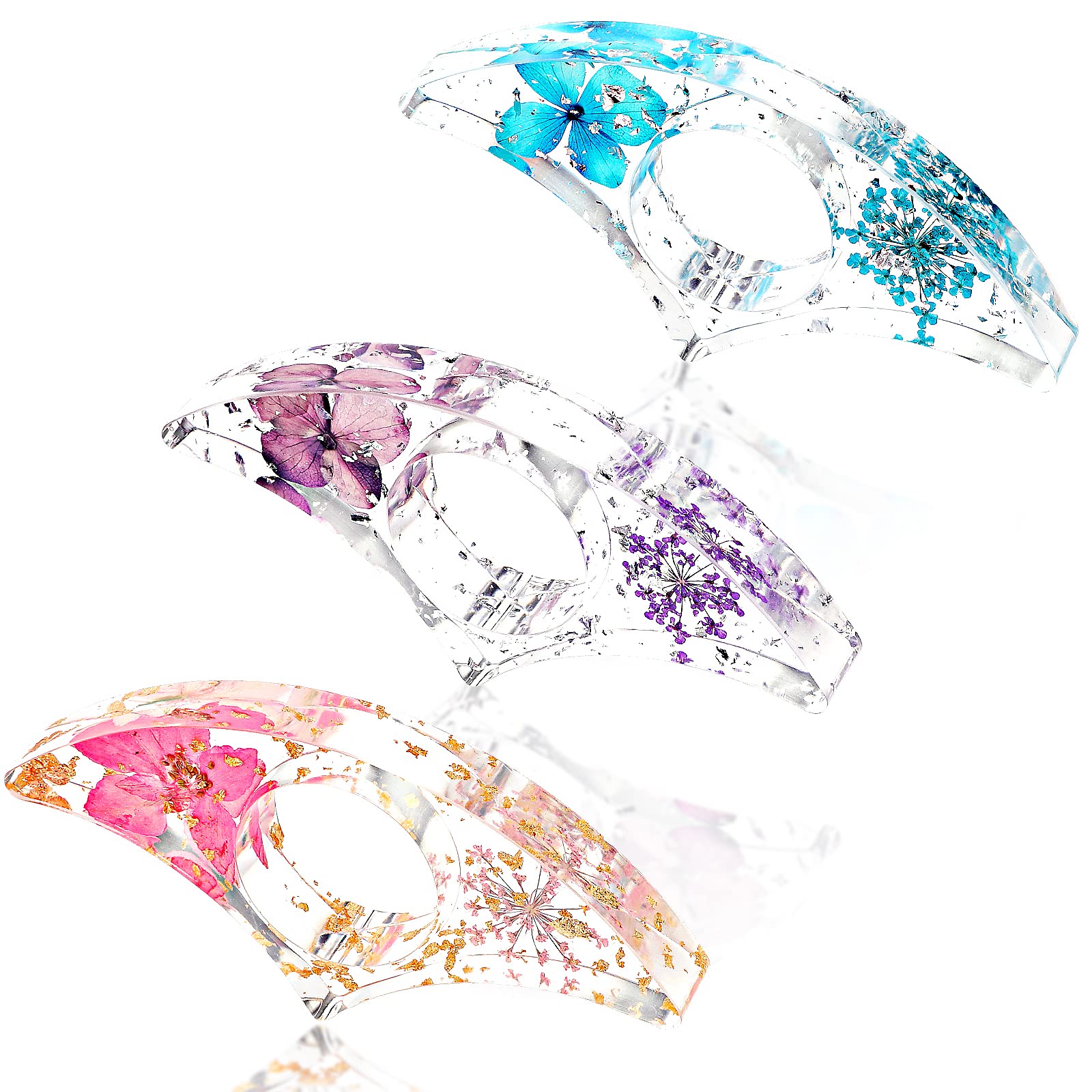 Prasacco 3 soportes para libros de resina de flores secas, soporte de página de libro para leer, marcapáginas, anillo de pulgar transparente, accesorios de lectura para profesores, amantes de los