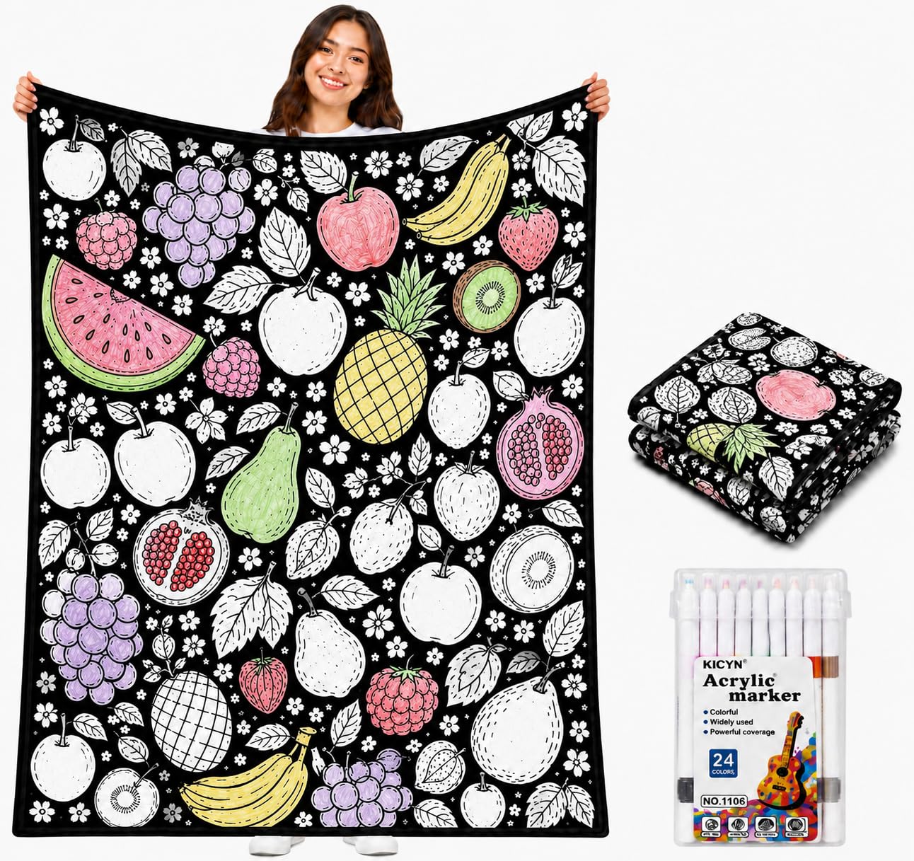 VEELU DIY Colouring Blanket with 24 Coloured Markers, Washable Colour-In Blankets for Adults, Sherpa Fleece Colouring Blanket Kit, Soft Fuzzy Velvet Creative Colour-In Throw Blanket (Fruit) — image 1