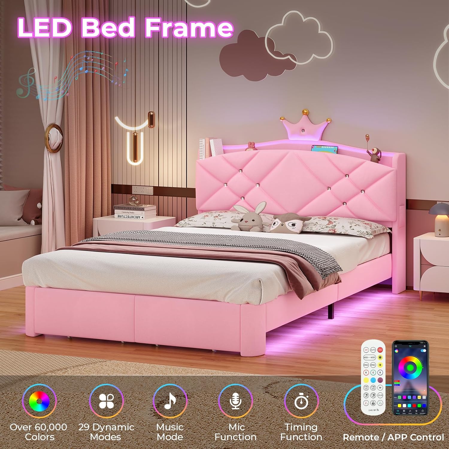Image showing the MSmask LED bed frame with various LED light features, including color options, dynamic modes, music mode, mic function, timing function, and control via remote or app.