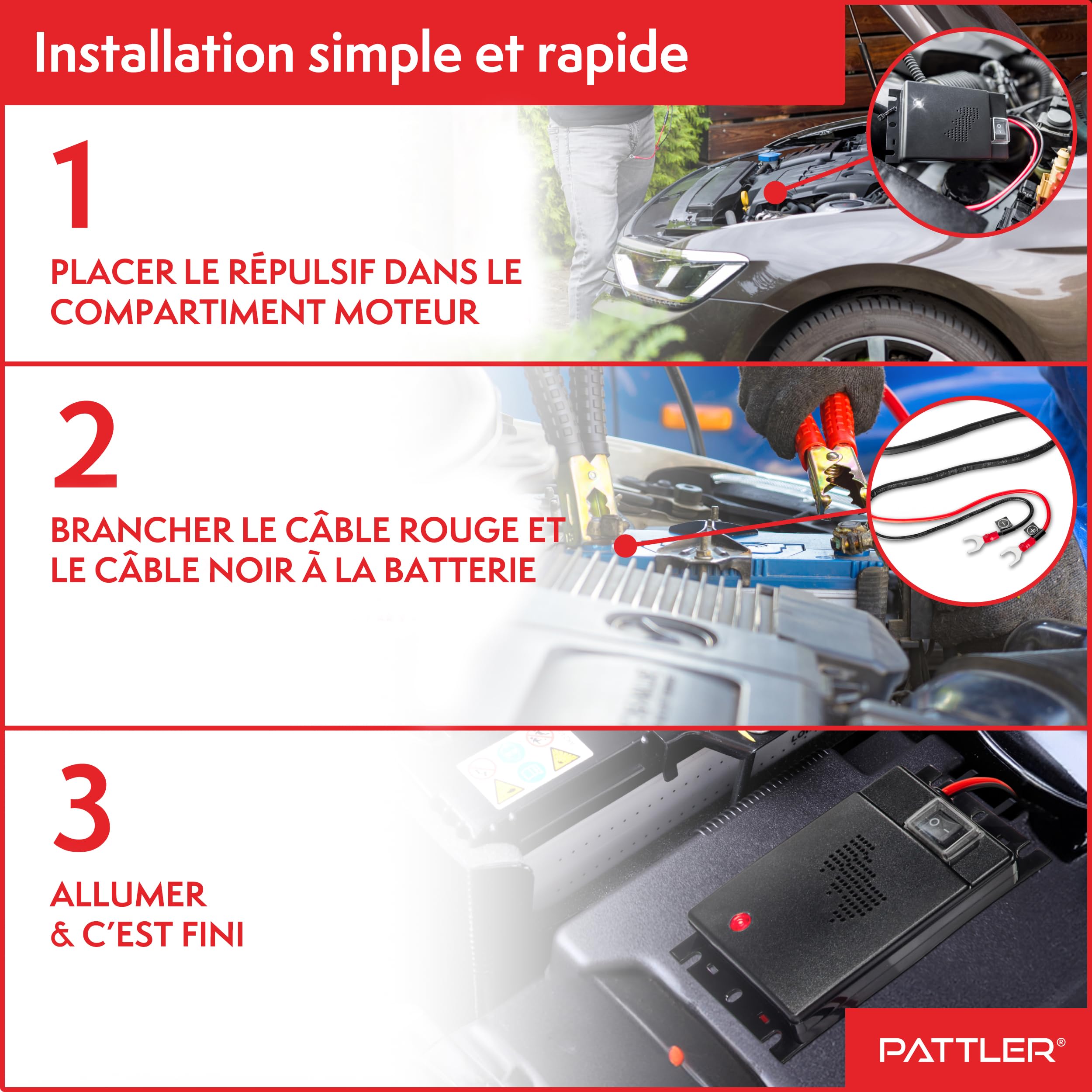 PATTLER Boîtier Anti Martre Voiture - Répulsif Ultrason Anti Fouine Voiture - Protection Efficace du Compartiment Moteur Installation Simple et Rapide Connexion 12V - 1 Unité