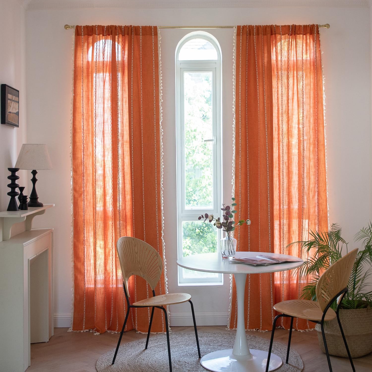 Burnt Orange Boho Curtains 63 Inches Long, 2 Panels Bohemian Farmhouse Window Drapes for Bedroom, Semi Blackout Embroidered Striped Tassel Curtain (Orange, Rod Pocket, 52" W x 63" L)