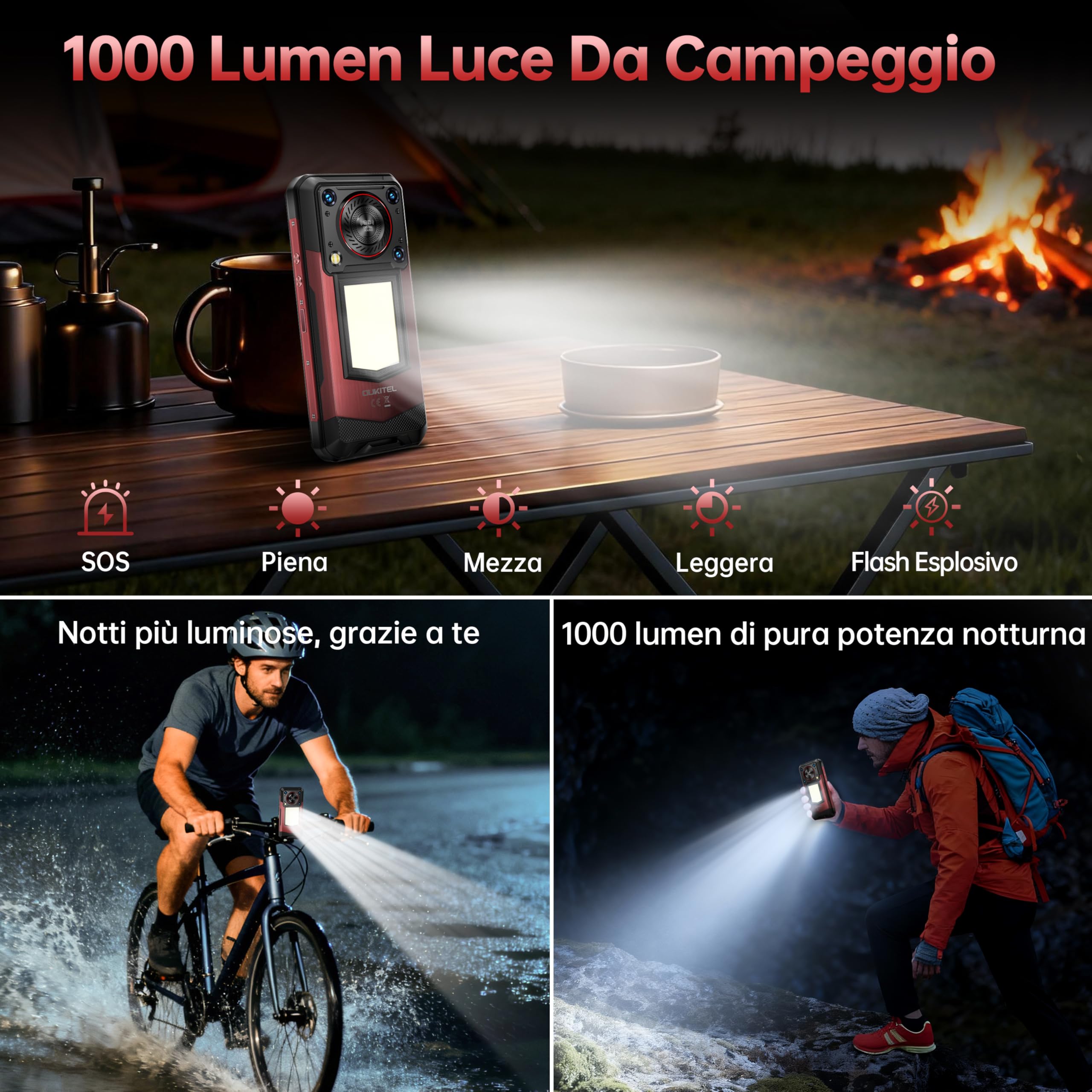 OUKITEL WP56 5G Rugged Smartphone - 32GBGB+256GB/2TF 6,78"FHD+ 120Hz- con 1000LM Luce Campeggio 128dB Altoparlante, Android 15 16000mAh 108MP+32MP Telefono Indistruttibile IP68/NFC/BT5.2/OTG/GPS Nero