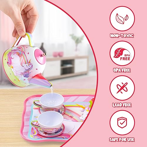 Miniatura 3 de JOYIN Juego de fiesta de té de unicornio para niñas pequeñas, juego de tetera de lata rosa, juguete de cocina con tetera, taza, plato, estuche