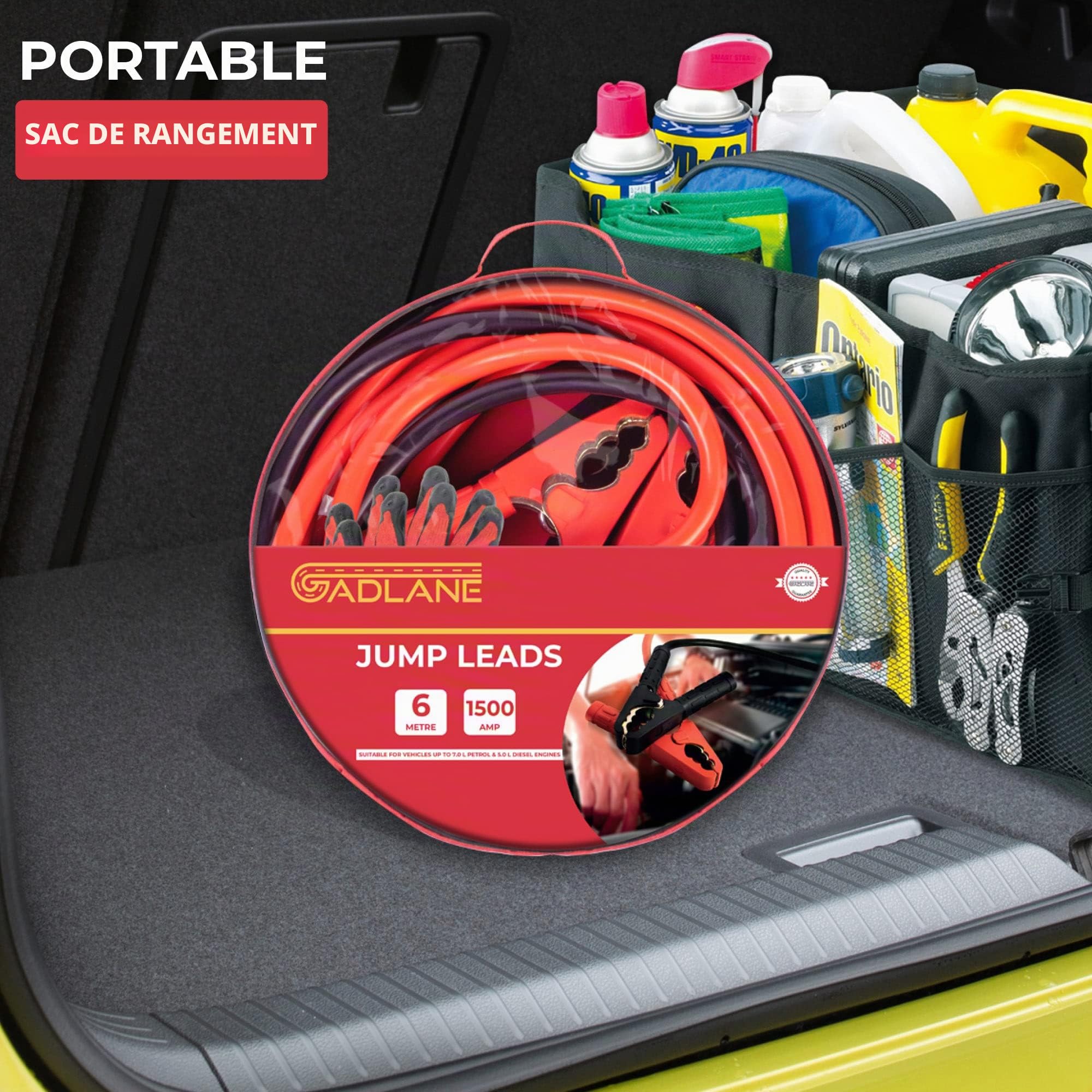 GADLANE Câbles de démarrage de 6 m de Long – Câbles de démarrage Robustes pour Batterie de Voiture, 1500 A 30 mm² d'épaisseur avec Pinces Solides – avec Sac de Rangement et Gants