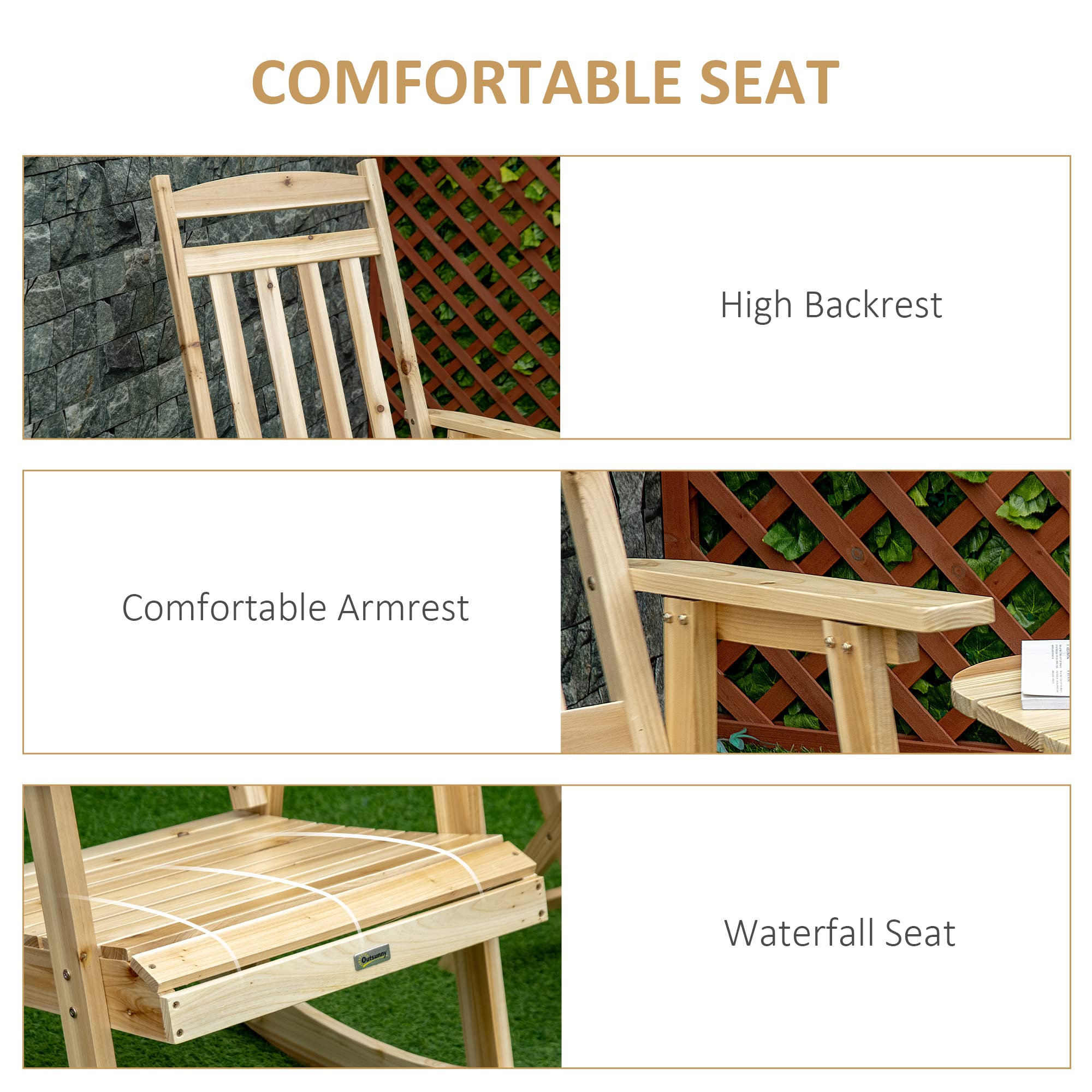 Outsunny - Conjunto de jardín (2 piezas, estilo acogedor), diseño de silla mecedora + mesa auxiliar plegable, madera de abeto, macizo,