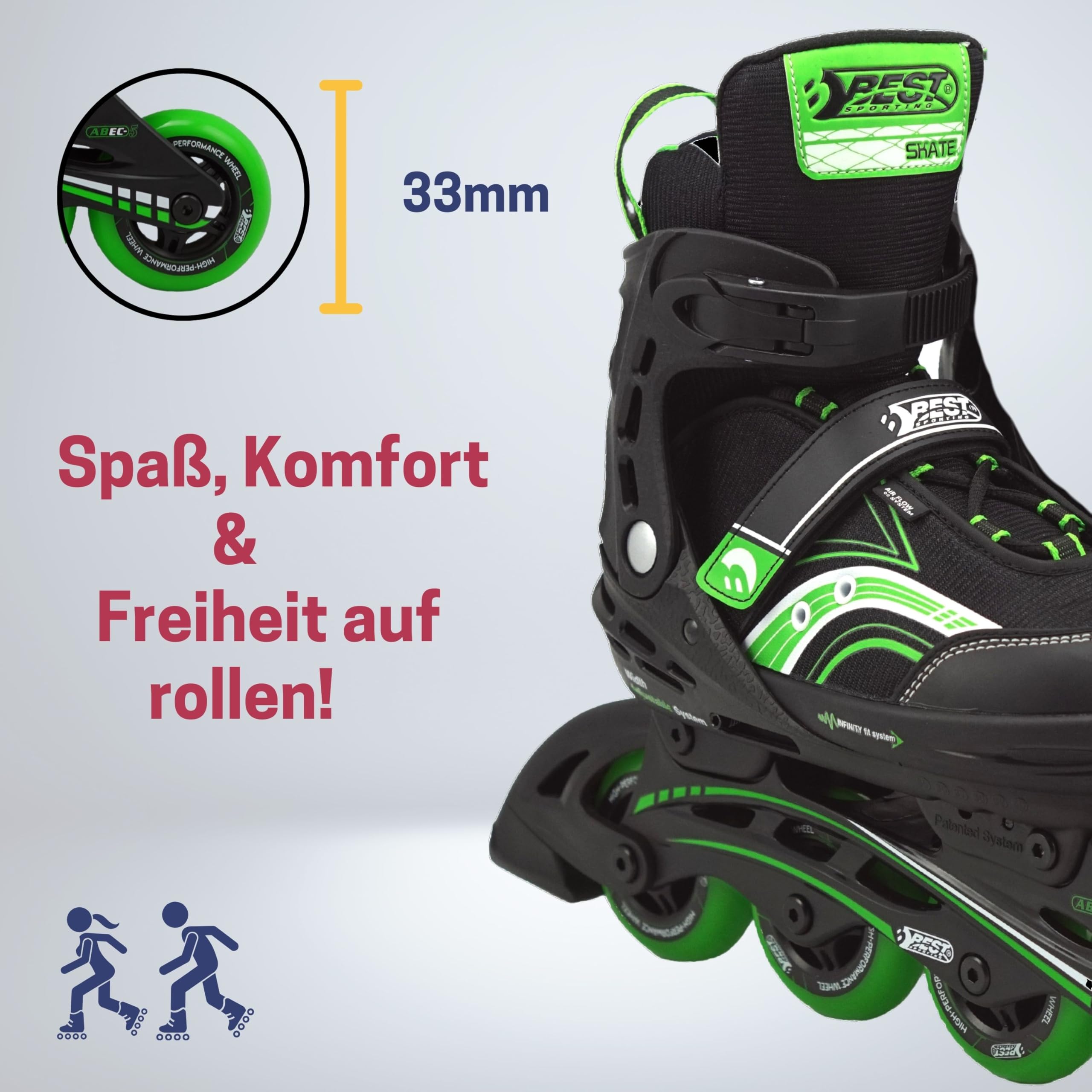 Best Sporting Inline Skates Kinder Unisex I Inliner für Kinder in Schwarz-Türkis I Klettverschluss Inliner Mädchen & Jungen mit ABEC 7 Carbon Kugellager & 3-Fach Schnalle