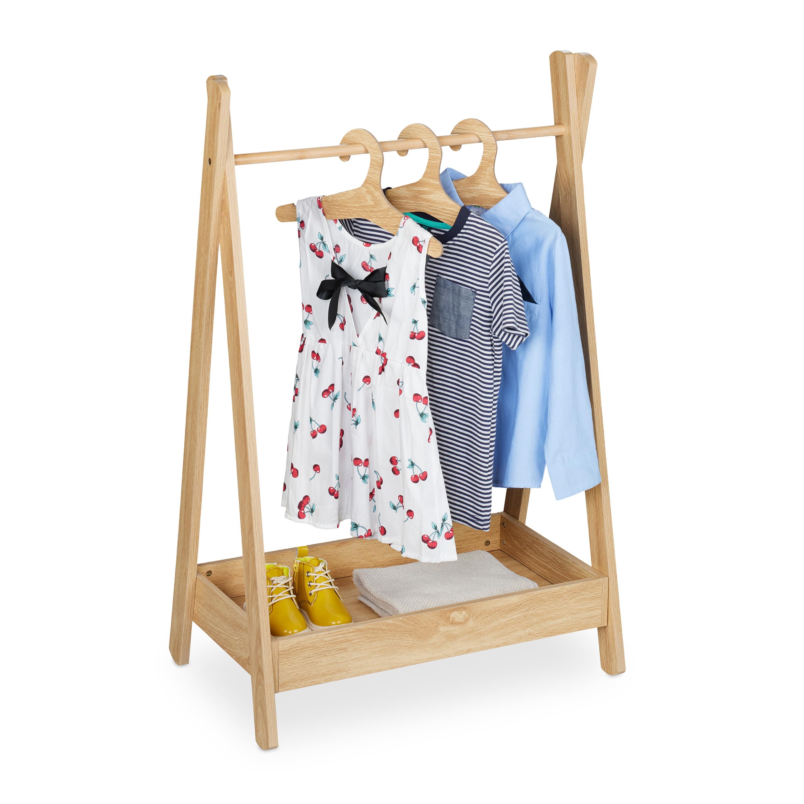 Relaxdays Perchero Infantil, Burro Ropa Niños, 98,5 x 62 x 40 cm, 3 Perchas, con Barra y Estante Zapatero, Natural