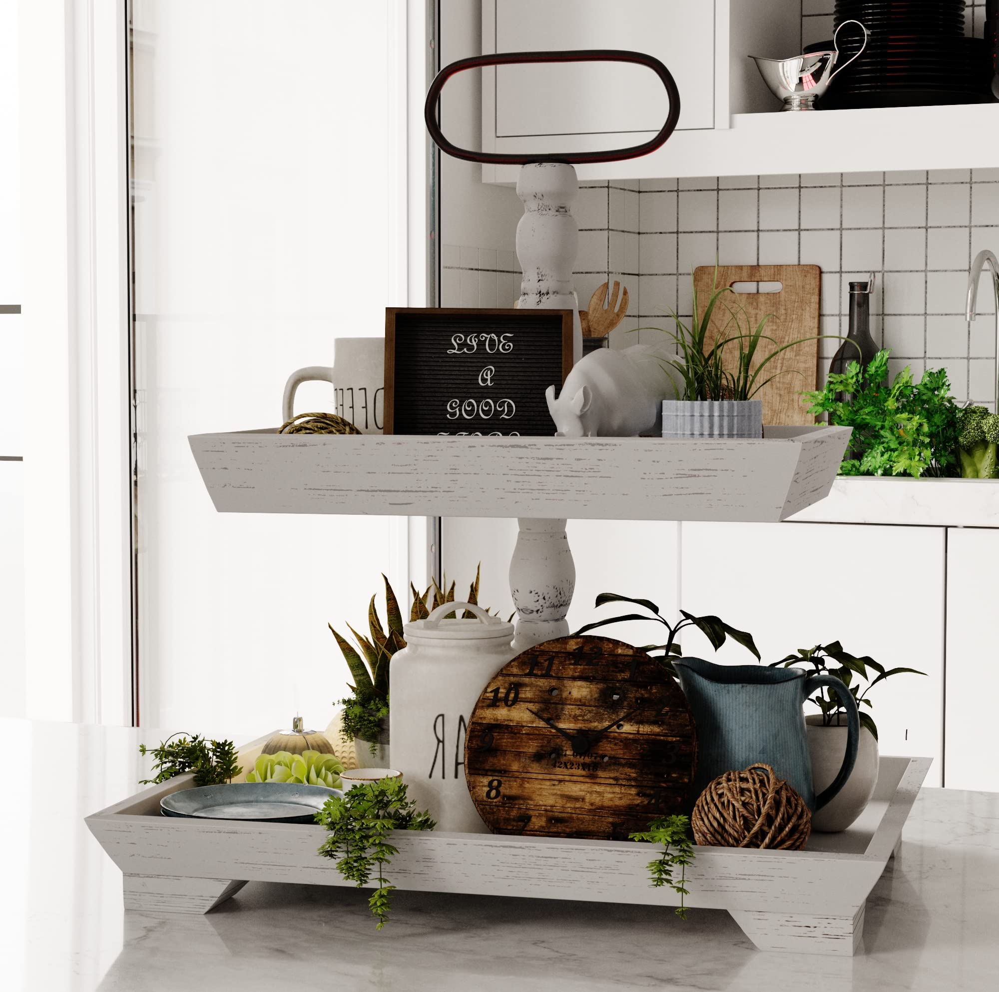 Buy White Tiered Tray Stand Wood Two Tier Tray Farmhouse Tiered