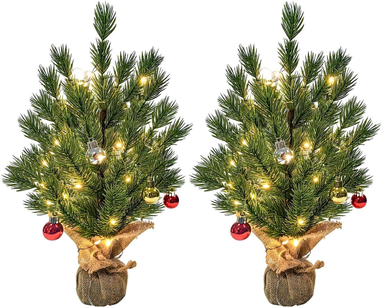 Amzxart 2 Pack 16Inch Small Christmas Tree with Warm White Multi-Color Lights, Mini Christmas Tree with Ornaments, Linen Base, Perfect for Xmas Tabletop Decorations, Home, Office, Dining Table Decor