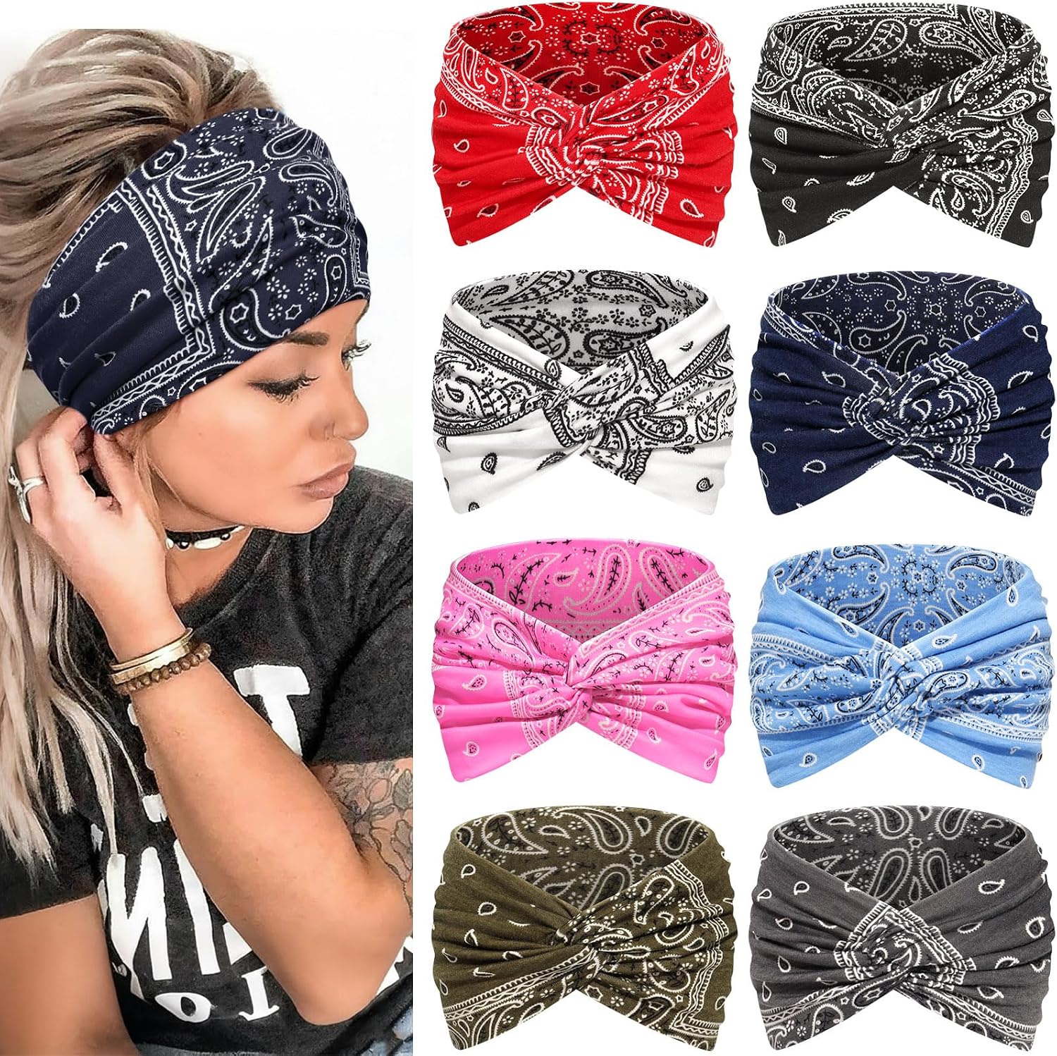 Damskie Opaski na Głowę z Wzorem Paisley, Turban do Jogi i Sportu, Wielokolorowe, 8 Sztuk (biały)