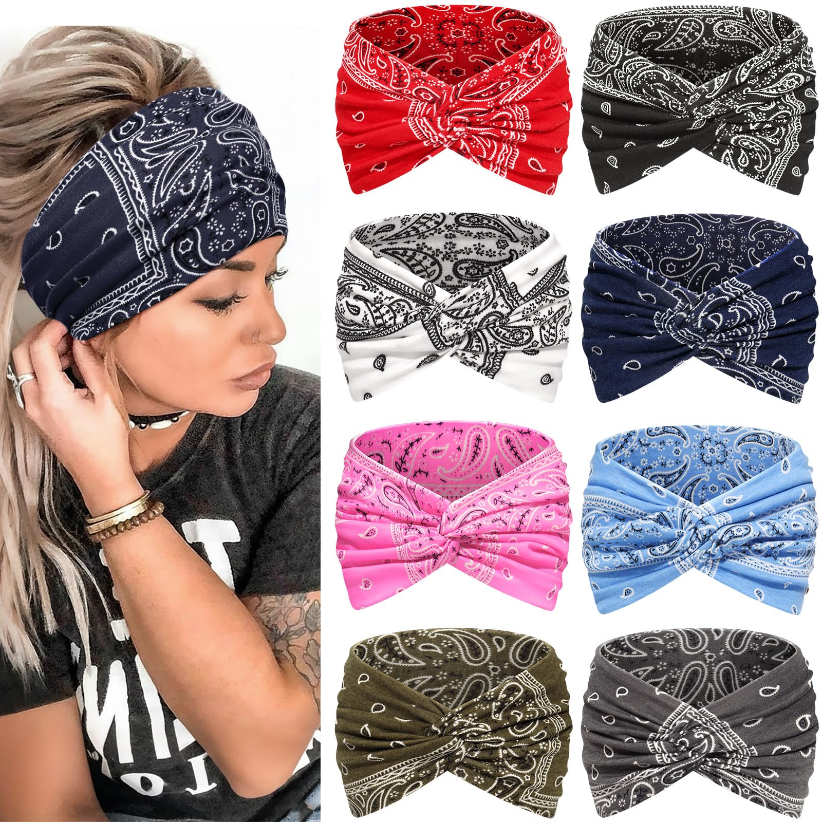 Awumbuk Haarband Damen, Stirnband 7'' Extra Breit Gekreuzt - 8er Set, Boho Mehrfarbig Headband, Elastisch und Weich Kopftuch, für Sport, Kosmetik, Yoga - Haarschmuck Sommer