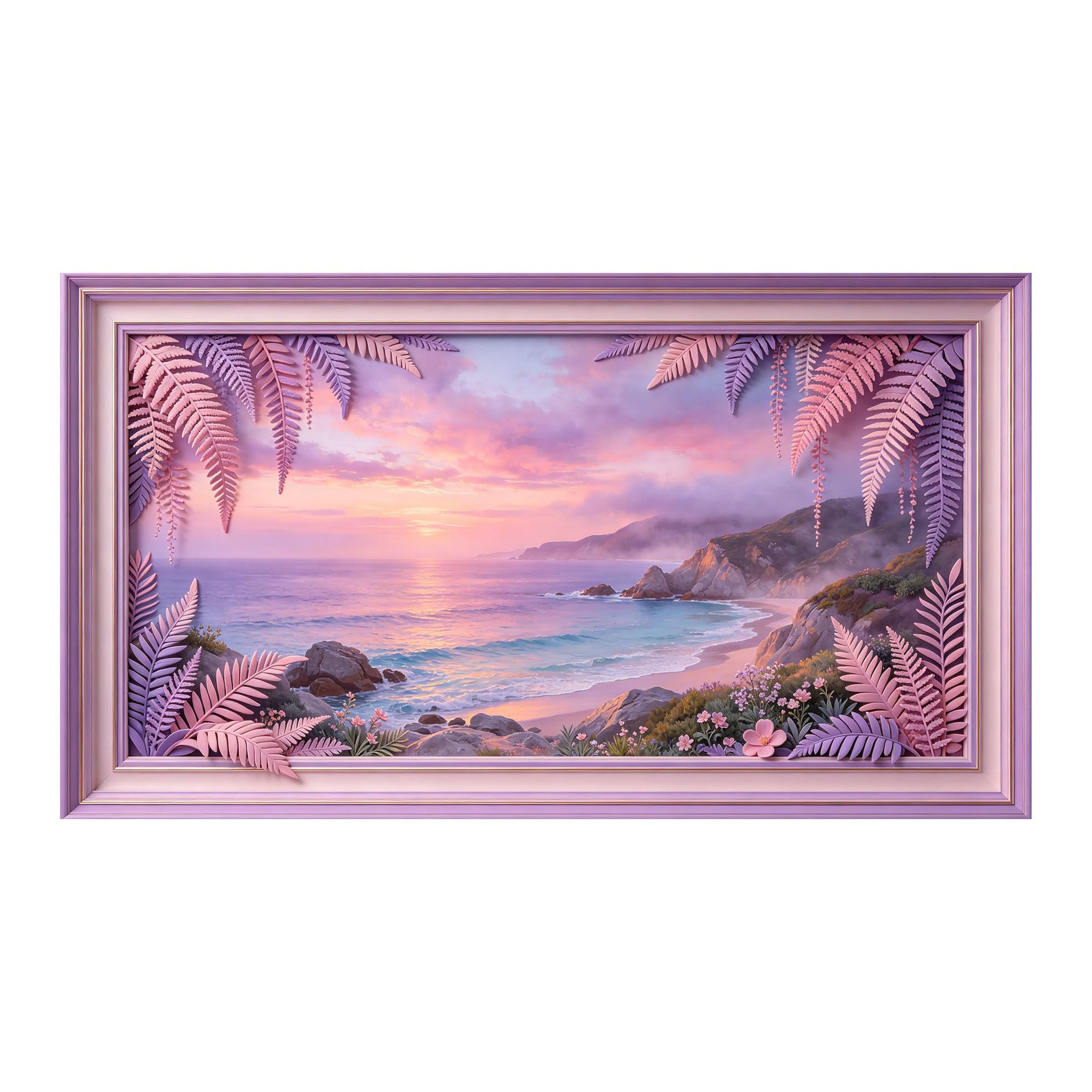 Murasolite 3D Framed Wall Art Coastal Sunset Seascape Pastel Ocean View SelfAdhesive Fabric Mural Wall Decor， Peel and Stick No Damage to Wall， AntiFall Safe Design for Bedroom Living Room
