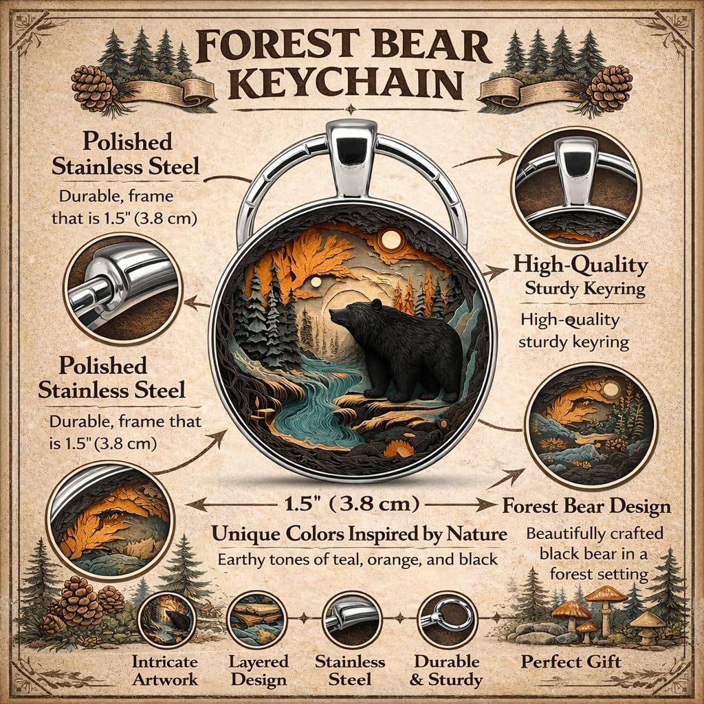 SUPAC 1pc Unique Bear With Forest Background Shaped Metal Keychain - Fashionable Circular Animal Keyring for Men and Friends image 3